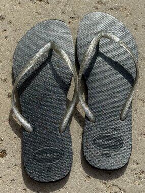 Havaianas Slim Sparkle Flip Flops Women 9 Black Silver Glitter Sandals Beach Sum